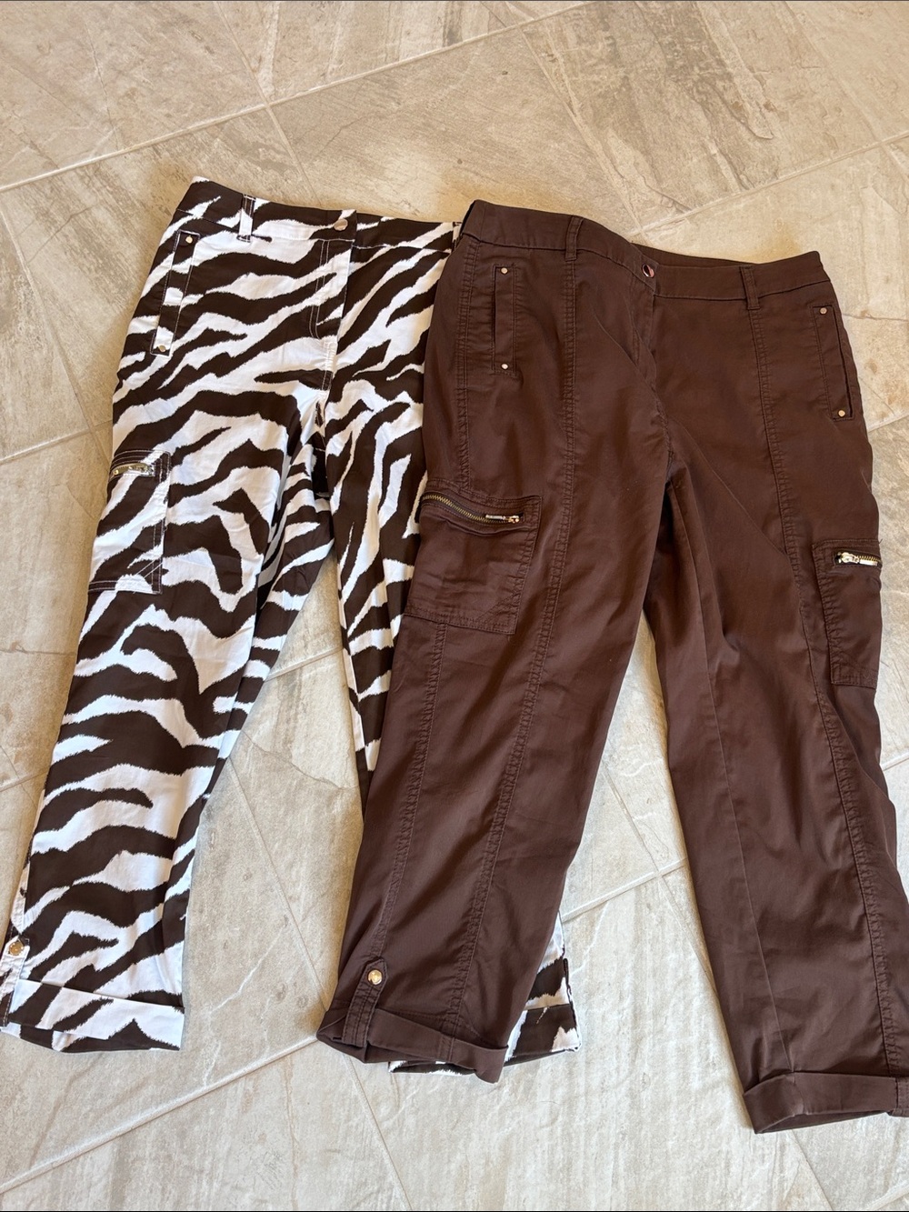 Chico's Bundle of 2 Pairs of Crop Cargo Pants- Brown & White Zebra, and Brown
